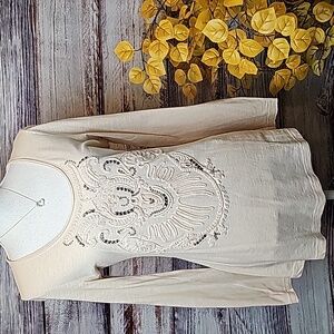 NWOT V CRISTINA LONG SLEEVE TAN RHINESTONE EMBELLISHED TEE